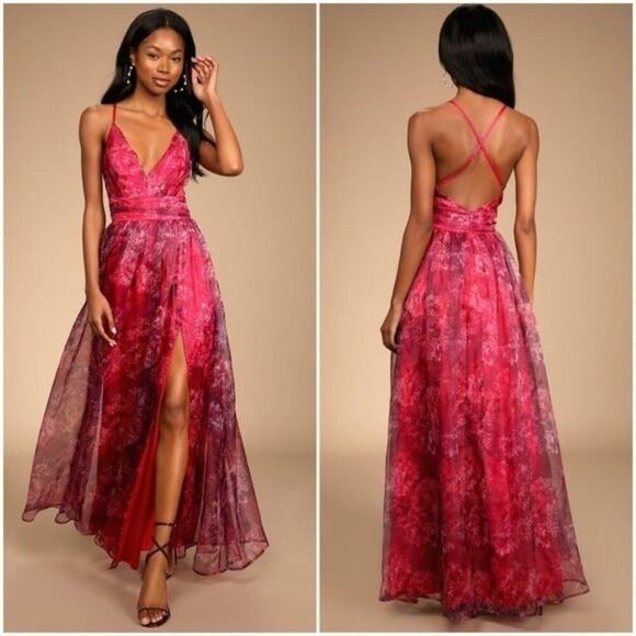 Lulus Romance That Wows Magenta Floral Print Organza Maxi Dress Size Medium